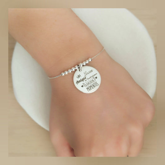 Pulsera placa bolitas ajustable plata