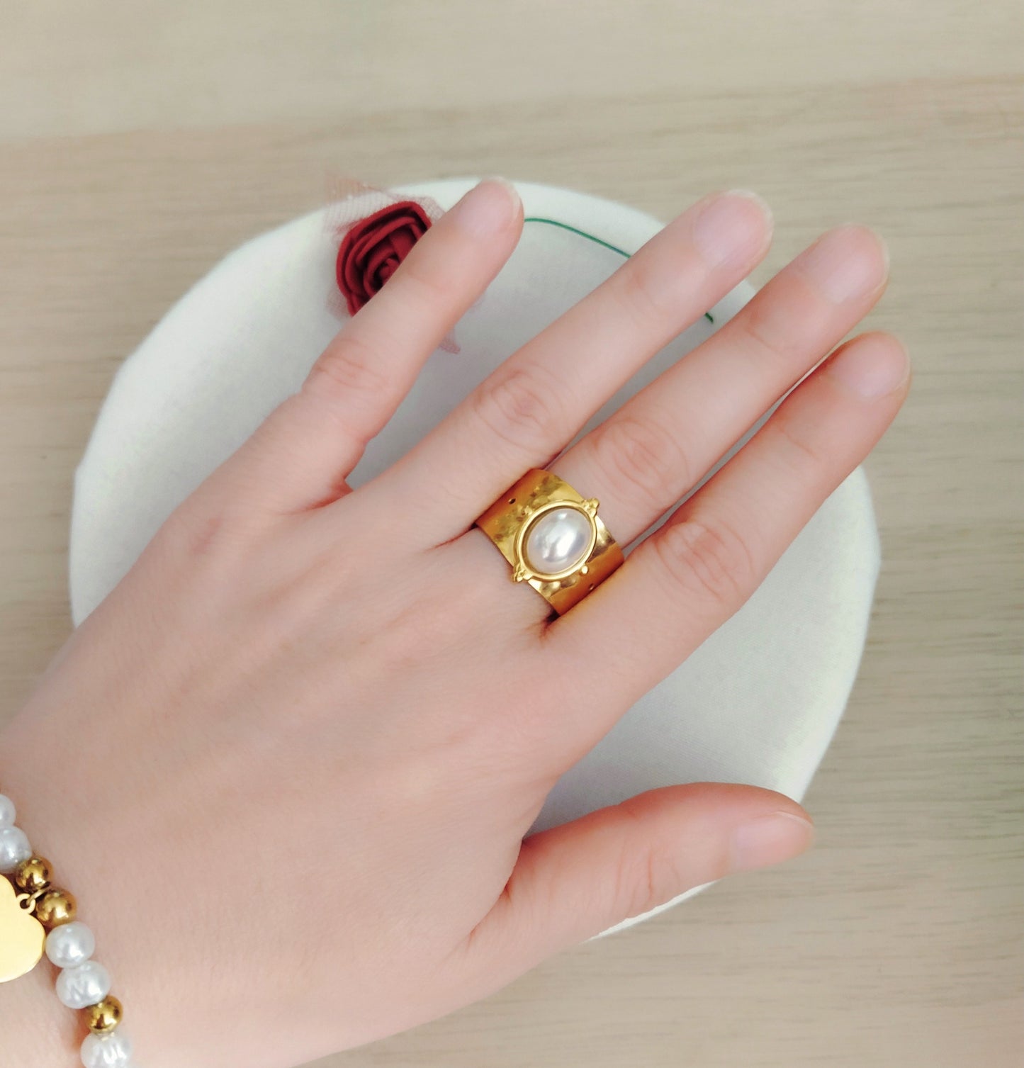 Anillo ancho Perla acero