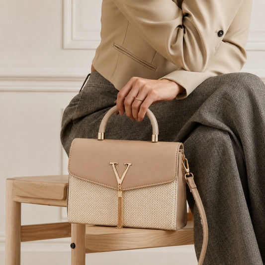 Bolso elegante rafia y cuero V mujer