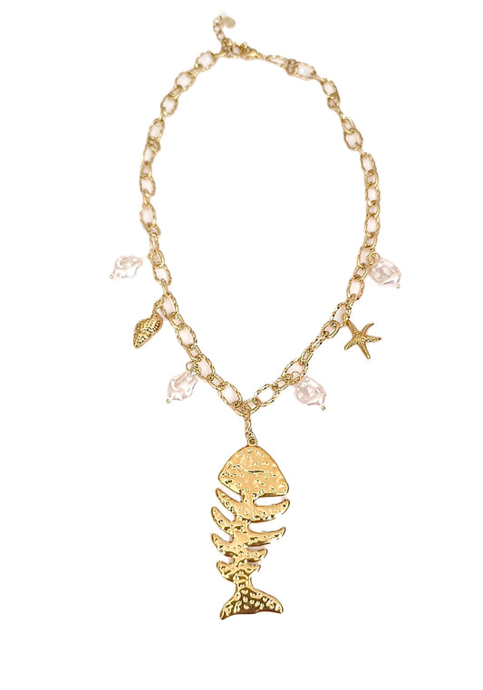 Collar largo Raspa y perlas acero