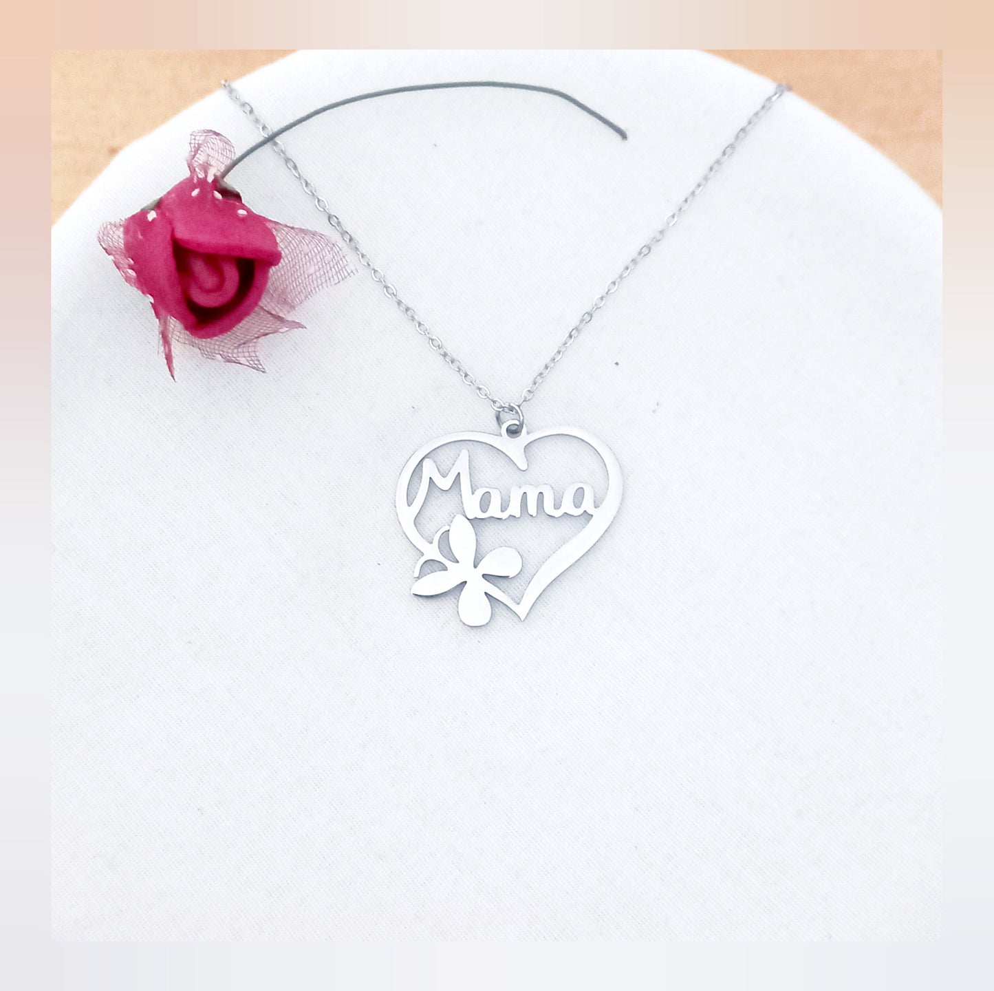 Collar Mamá corazón mariposa acero