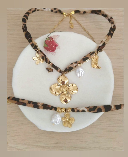 Conjunto Flor lazo leopardo acero