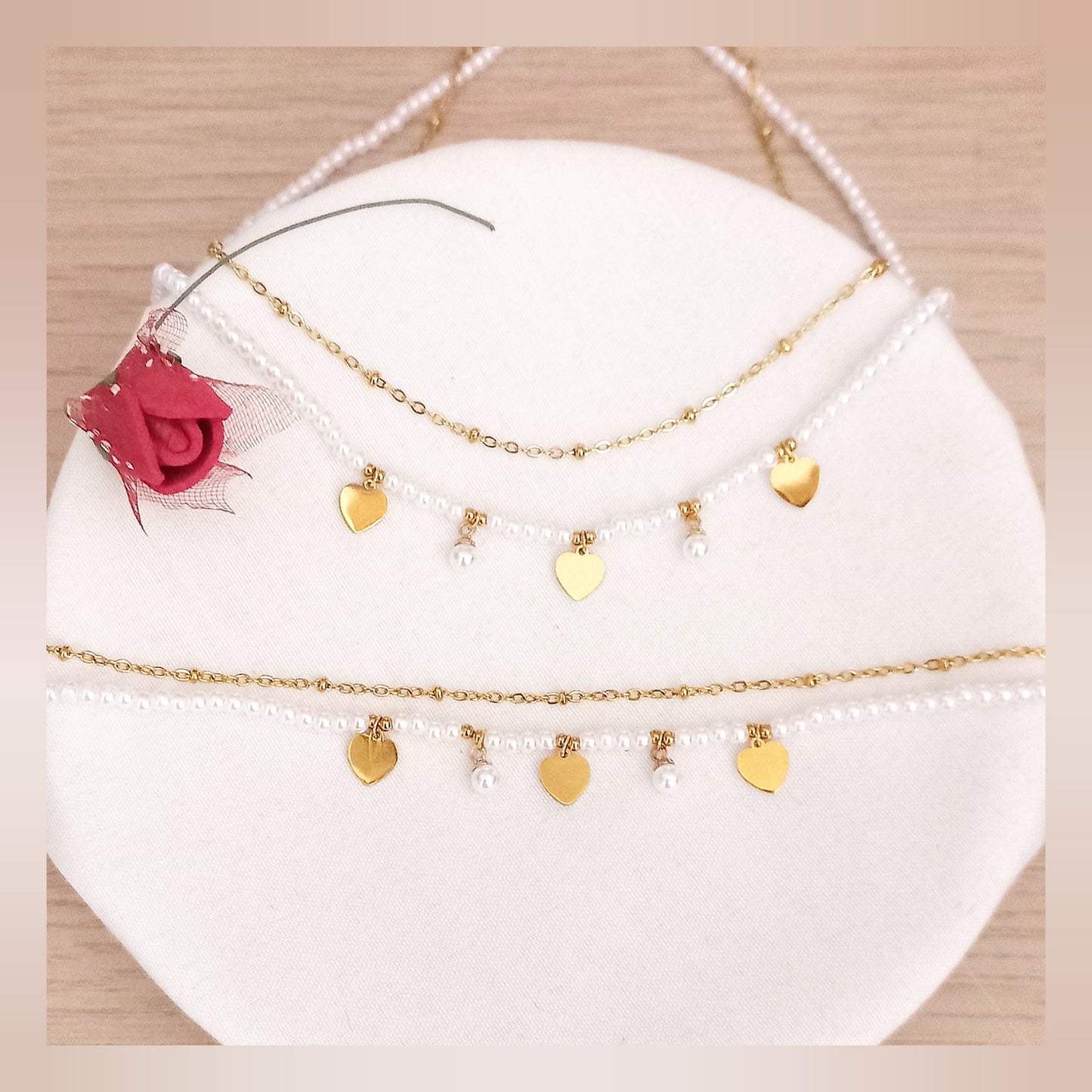 Conjunto doble cadena perlas y corazones