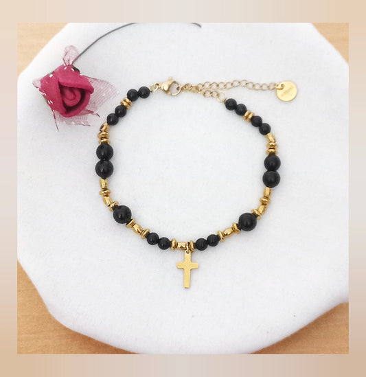 Pulsera bolitas cruz acero