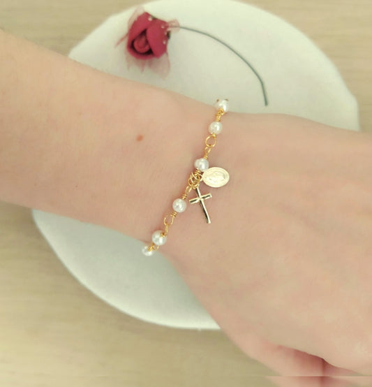 Pulsera Perlas Cruz y Virgen plata