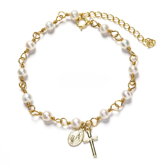 Pulsera Perlas Cruz y Virgen plata