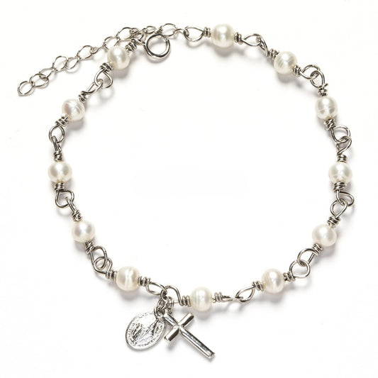 Pulsera Perlas Cruz y Virgen plata