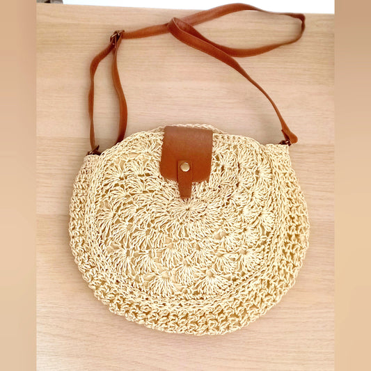 Bolso redondo rafia y cuero marrón