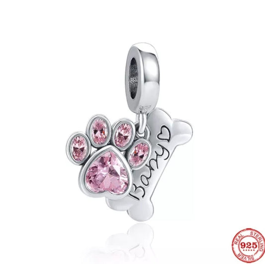 Colgante Charm hueso y huella rosa plata