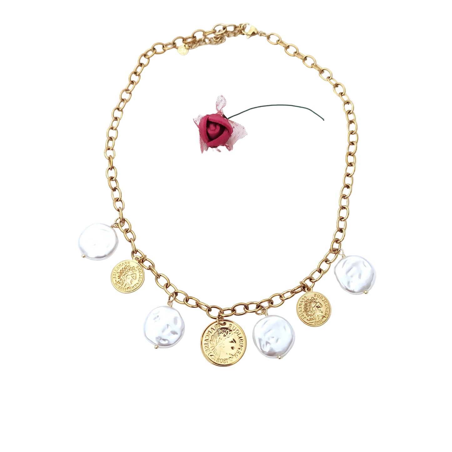 collar monedas y colgantes perla acero mujer