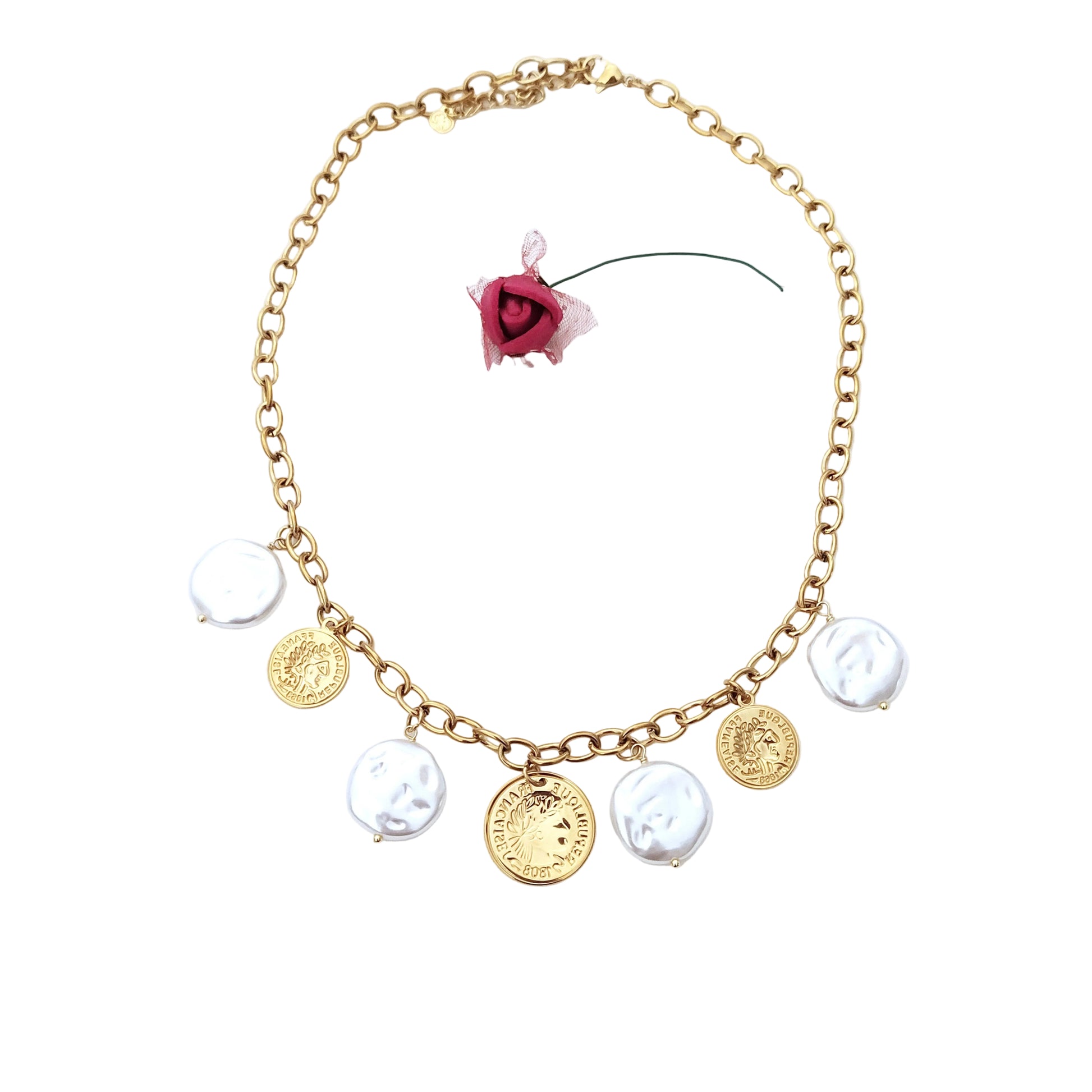 collar monedas y colgantes perla acero mujer