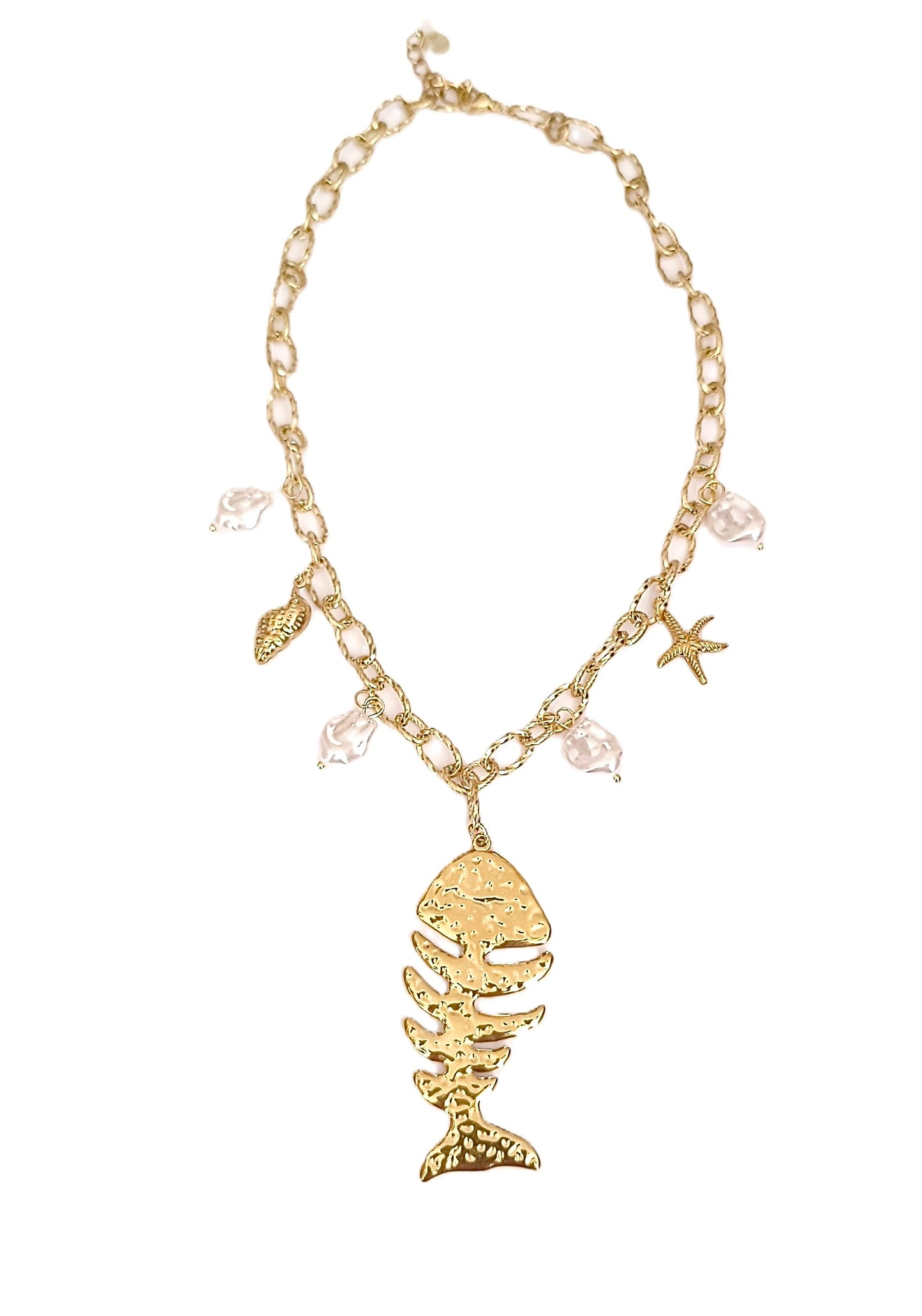 Collar largo Raspa y perlas acero