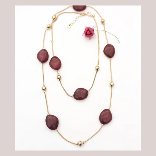 collar largo dorado con piedras marrones y bolas doradas acero