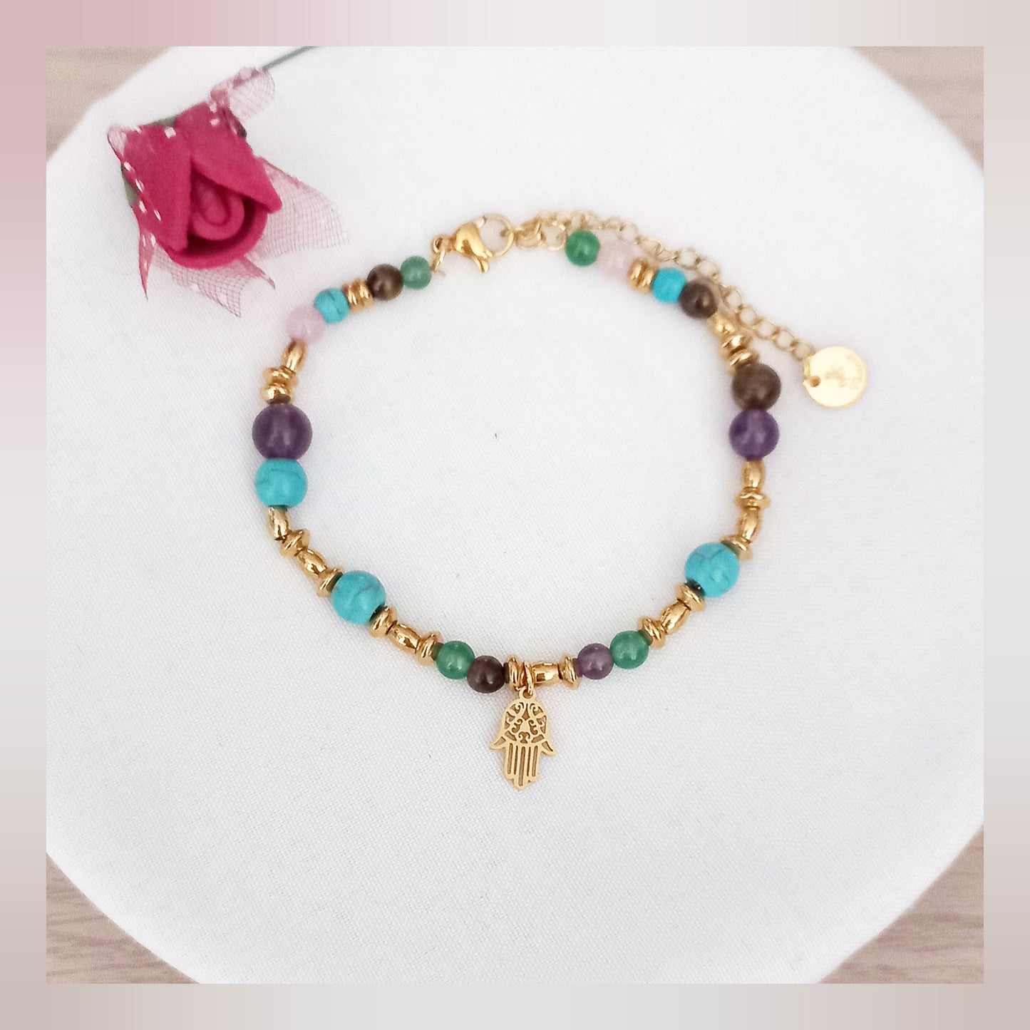 Pulsera Mano de Fátima bolitas acero