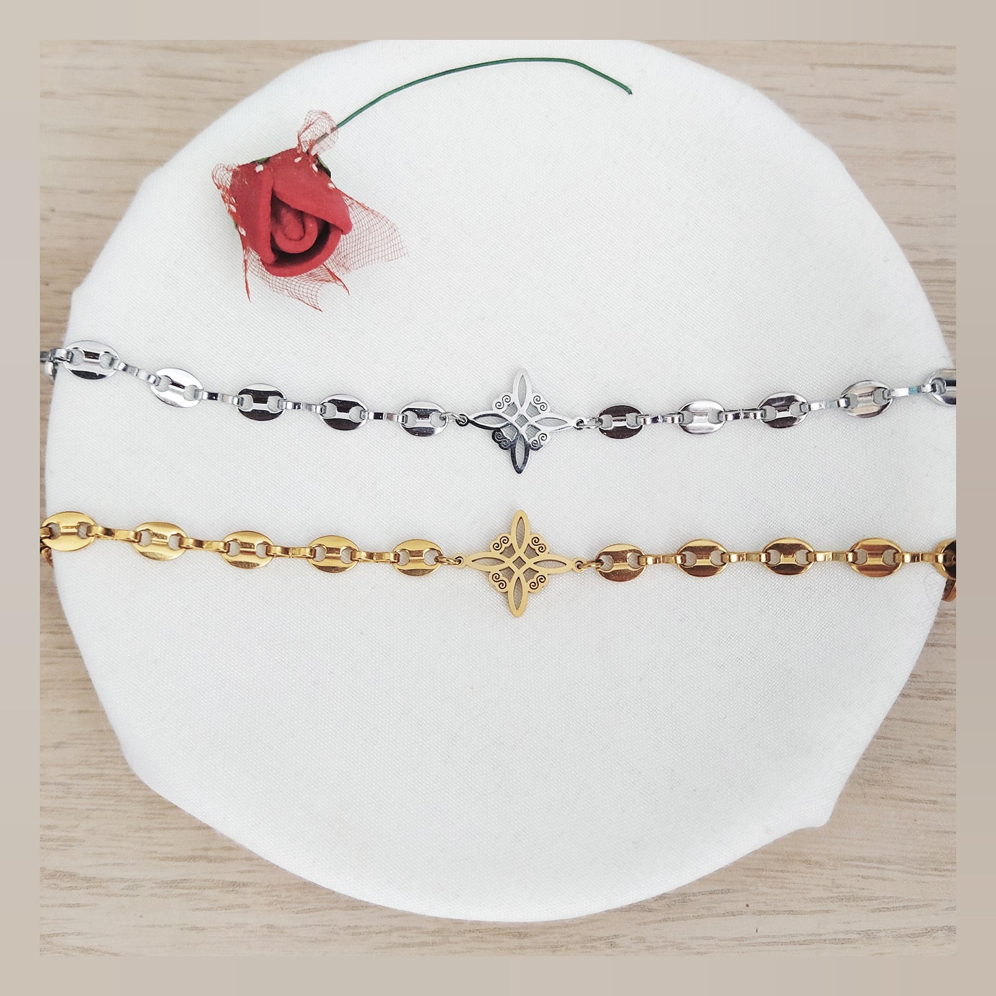 Pulsera Nudo de bruja y cafe acero