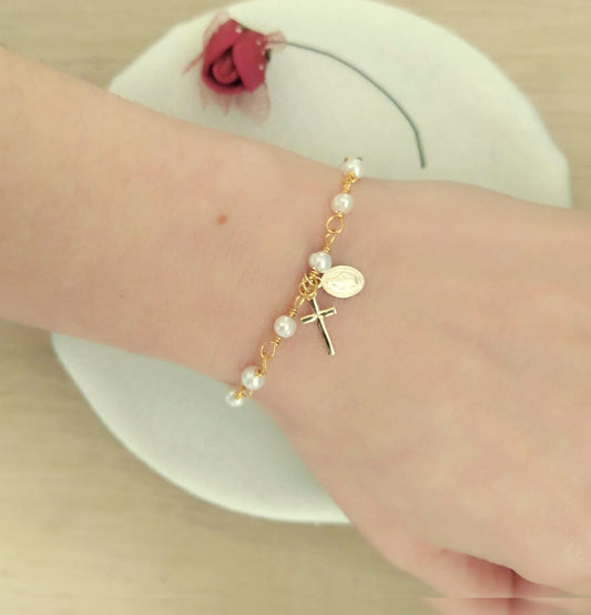 Pulsera Perlas Cruz y Virgen plata