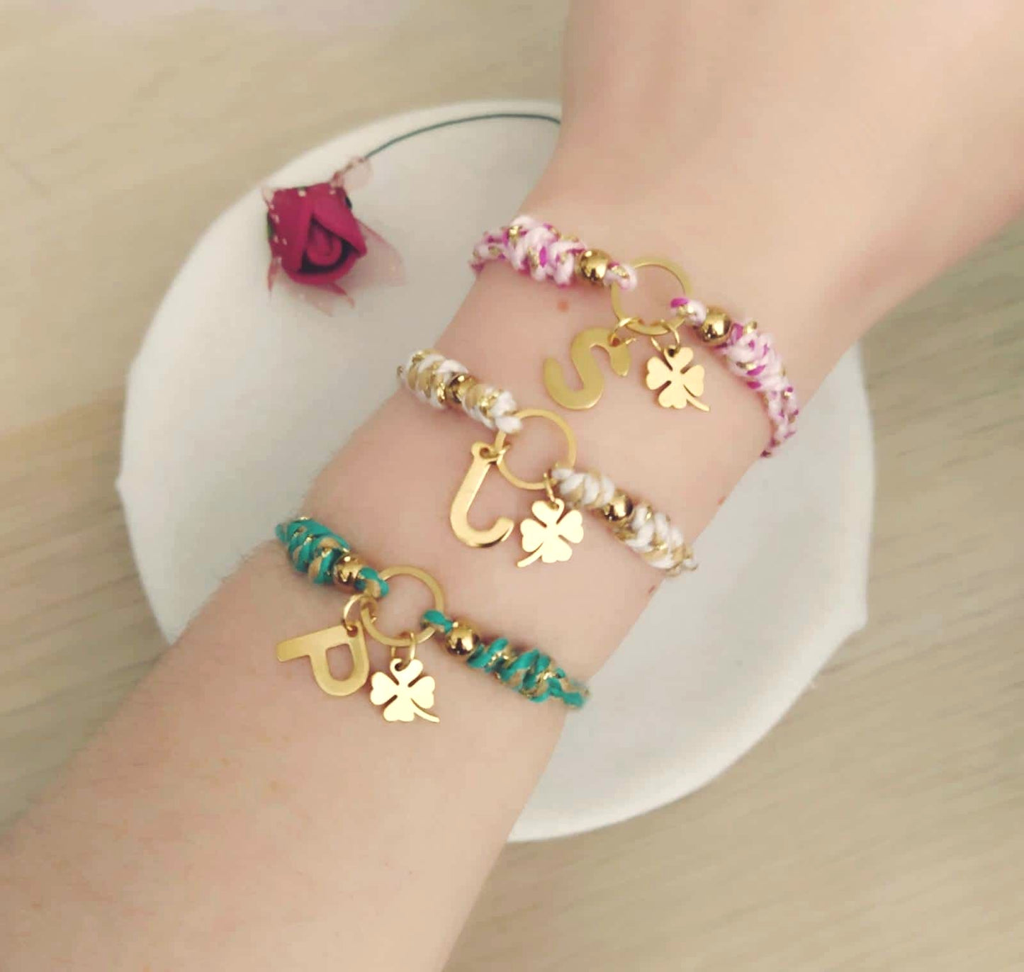 Pulsera Candy inicial + trébol acero