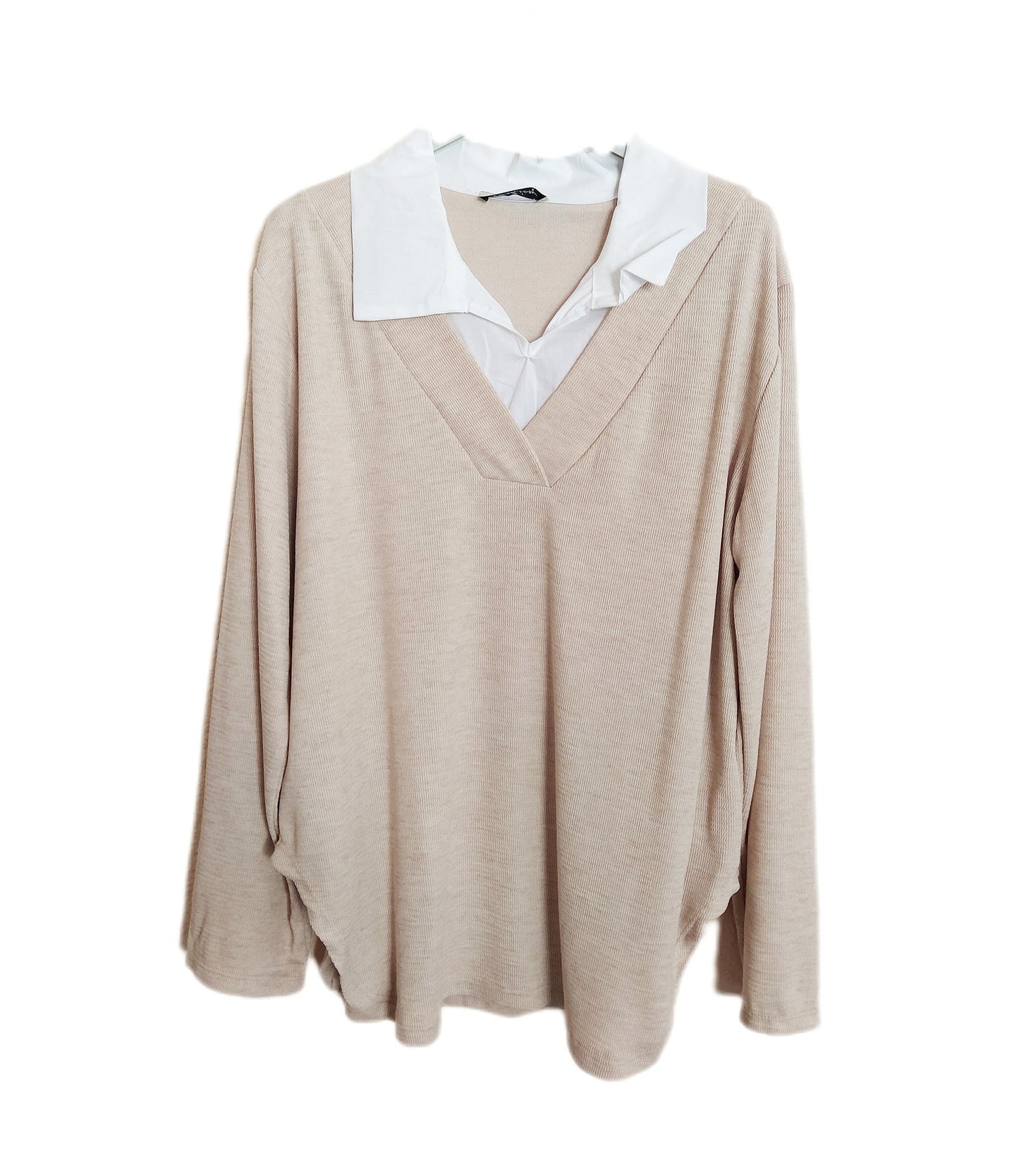 sueter fino beige con cuello camisa para mujer