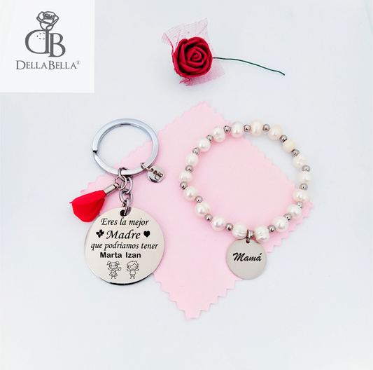 Pack6.Llavero personalizado + pulsera perlas