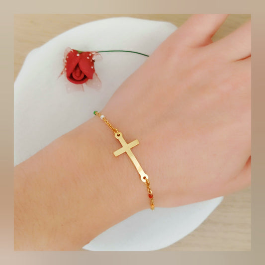 Pulsera bolitas y cruz acero