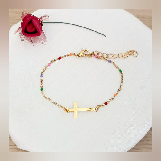 Pulsera bolitas y cruz acero